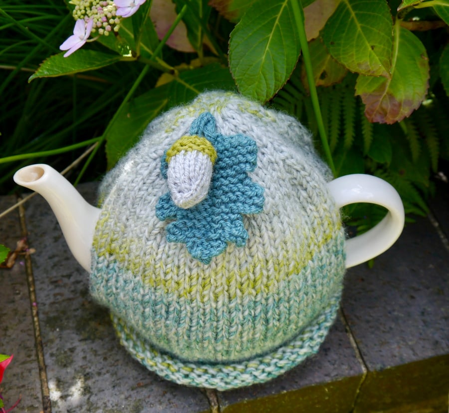 Teal and Grey Tea Cosy with Acorn and Oak Leaf, Autumn Teacosy