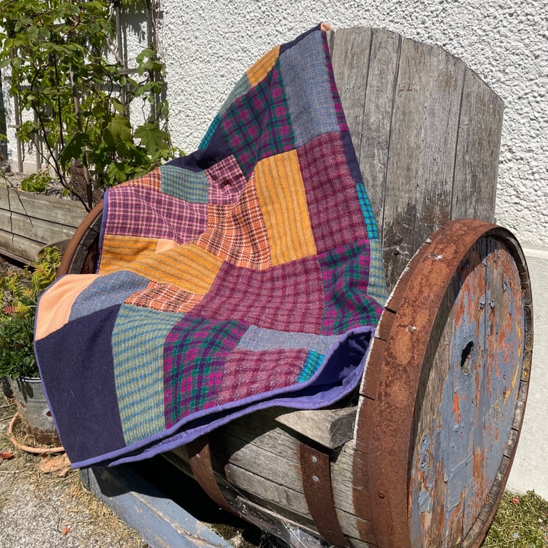 Vintage Welsh Tweed Patchwork Quilt in Bright Summer Colours