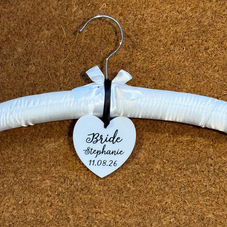 Brides Satin Wedding Dress Hanger with Personalised Heart, Keepsake Gift, Photo 