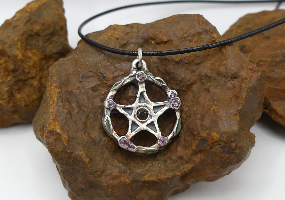 Sterling Silver Pentacle with Roses and Smoky Quartz Pendant Necklace.