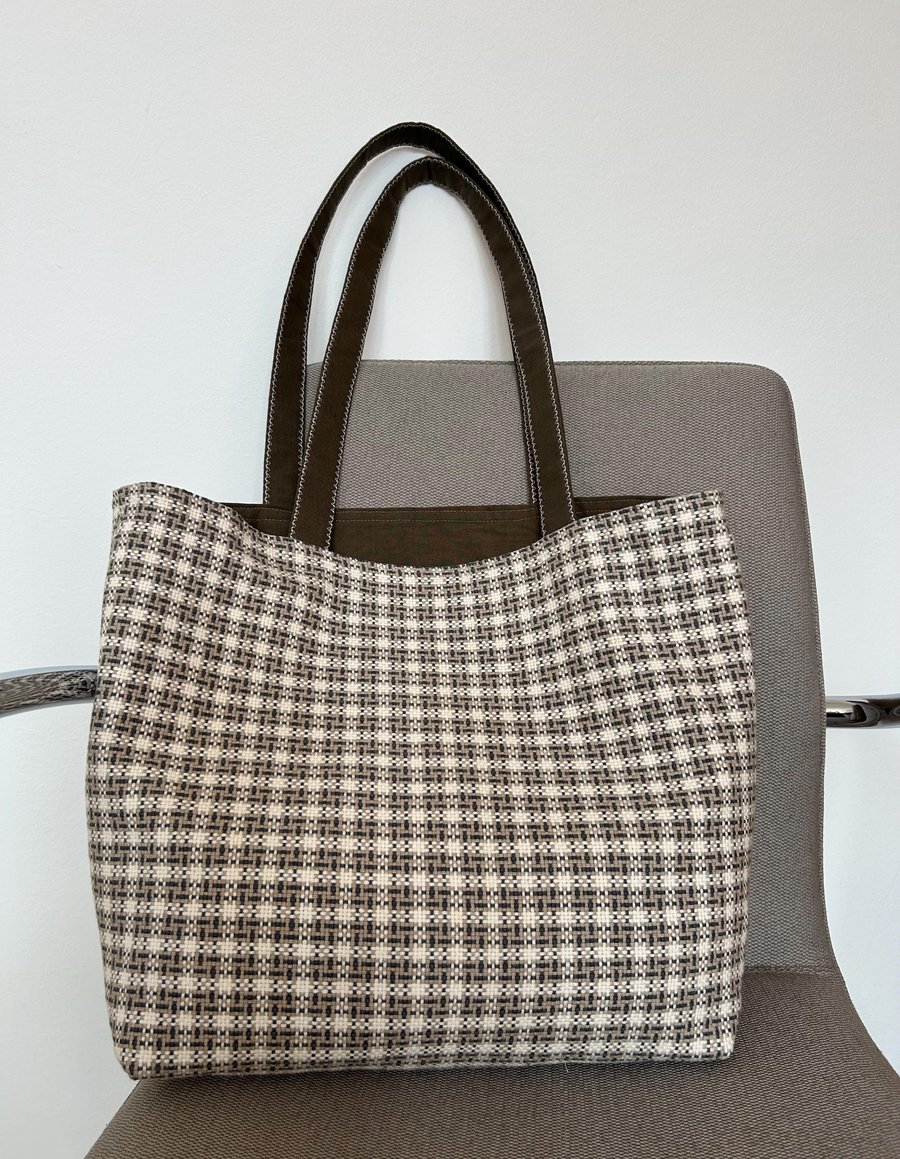 Woven Check Tote Bag, Neutral Lined Cotton Laptop Bag