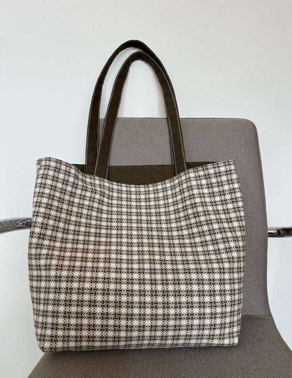 Woven Check Tote Bag, Neutral Lined Cotton Laptop Bag