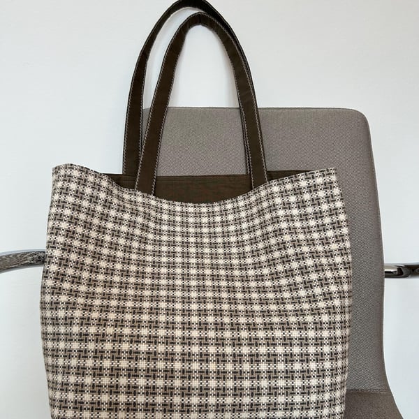 Woven Check Tote Bag, Neutral Lined Cotton Laptop Bag