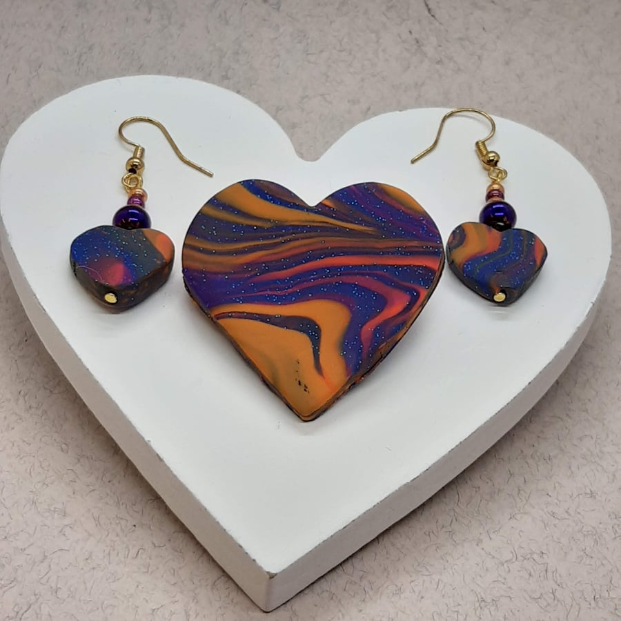 Brightly coloured heart shaped brooch and earrings set