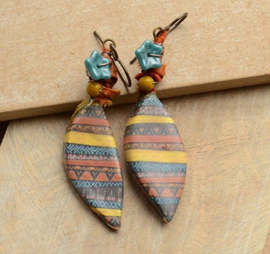 Earrings with Tribal Ceramic Drops, Sari Ribbon and Czech Flowers, Orange Yellow