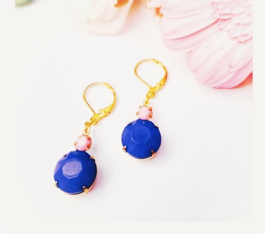  Opaque pink and navy blue glass earrings  