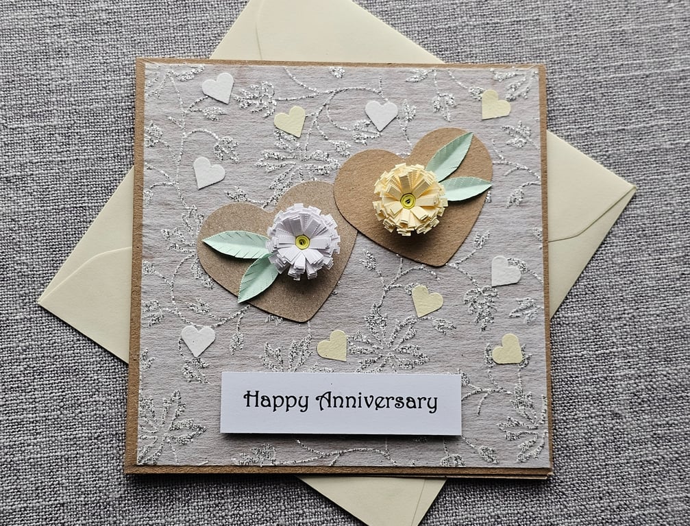 Happy Anniversary Square Card with Quilled Flowers Size 5" x 5" 