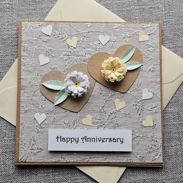 Happy Anniversary Square Card with Quilled Flowers Size 5" x 5" 