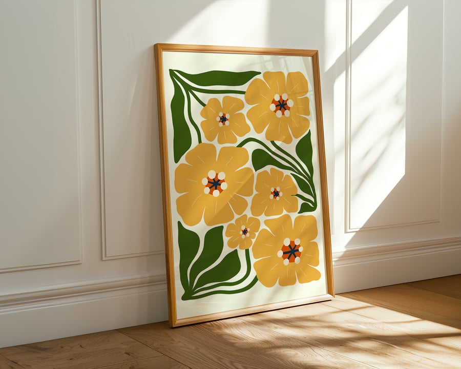 Golden Floral Art Print - Retro Yellow Flowers