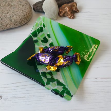 Medium Green mosaic style fused glass dish