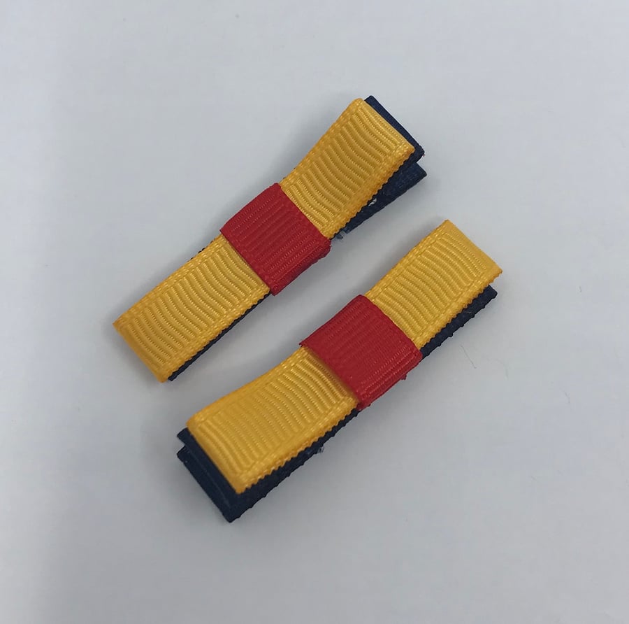 Small Straight Navy, Yellow Gold and Red Bow Clips (pair)