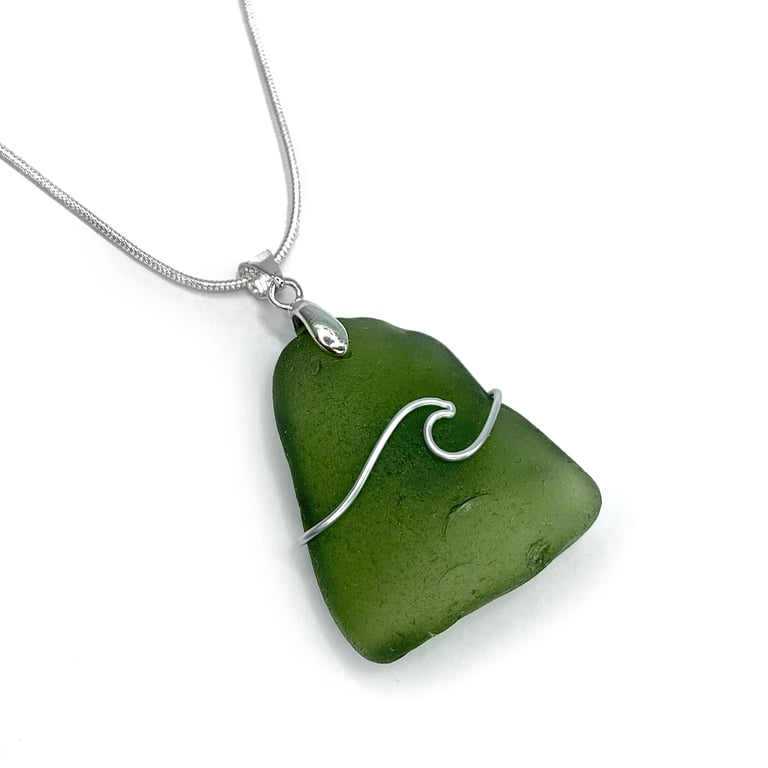 Sea Glass Pendant - Green Beach Glass - Silver Handmade Wave Necklace Jewellery