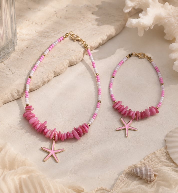 Pink Starfish Anklet & Bracelet Set – Handmade Coastal Jewellery