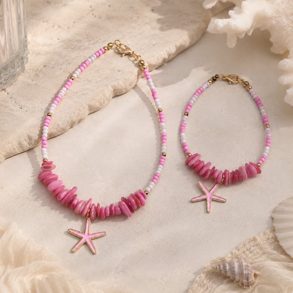Pink Starfish Anklet & Bracelet Set – Handmade Coastal Jewellery