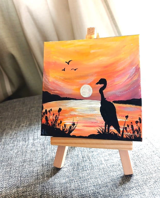Mini Original Art on Canvas Stork in the Sunset, includes easel