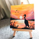 Mini Original Art on Canvas Stork in the Sunset, includes easel