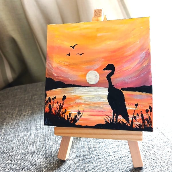 Mini Original Art on Canvas Stork in the Sunset, includes easel