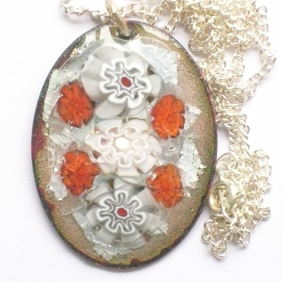 Large millefiore pendant - red, grey, white