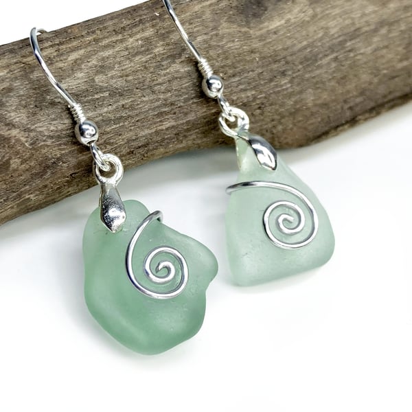 Sea Glass Earrings - Pale Green - Handmade Scottish Silver Wire Celtic Jewellery