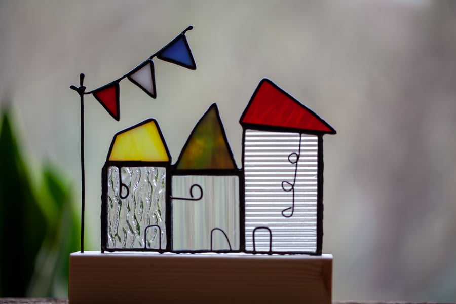 Stained glass houses with bunting sun catcher ornament quirky housewarming gift