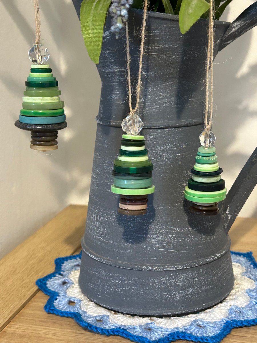 Set of 3 recycled Button Christmas Trees hanging decorations 