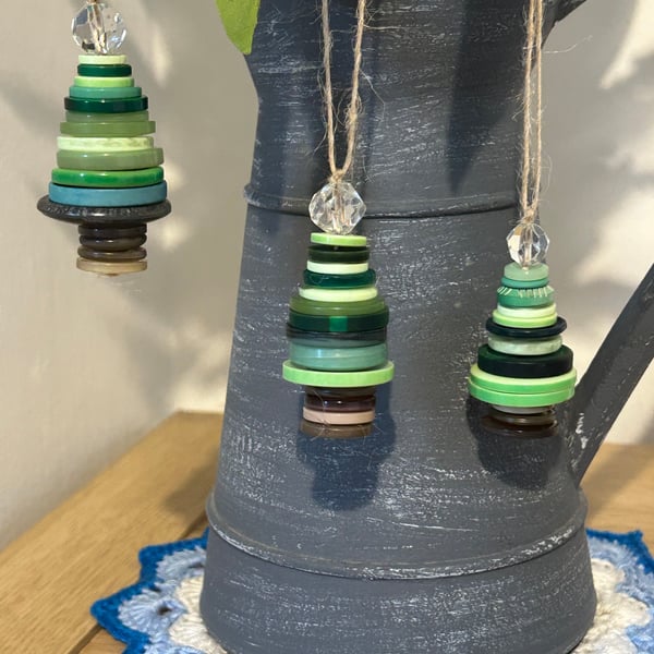 Set of 3 recycled Button Christmas Trees hanging decorations 