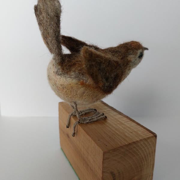 Wren bird cute needle felt sculpture on cherry wood base.