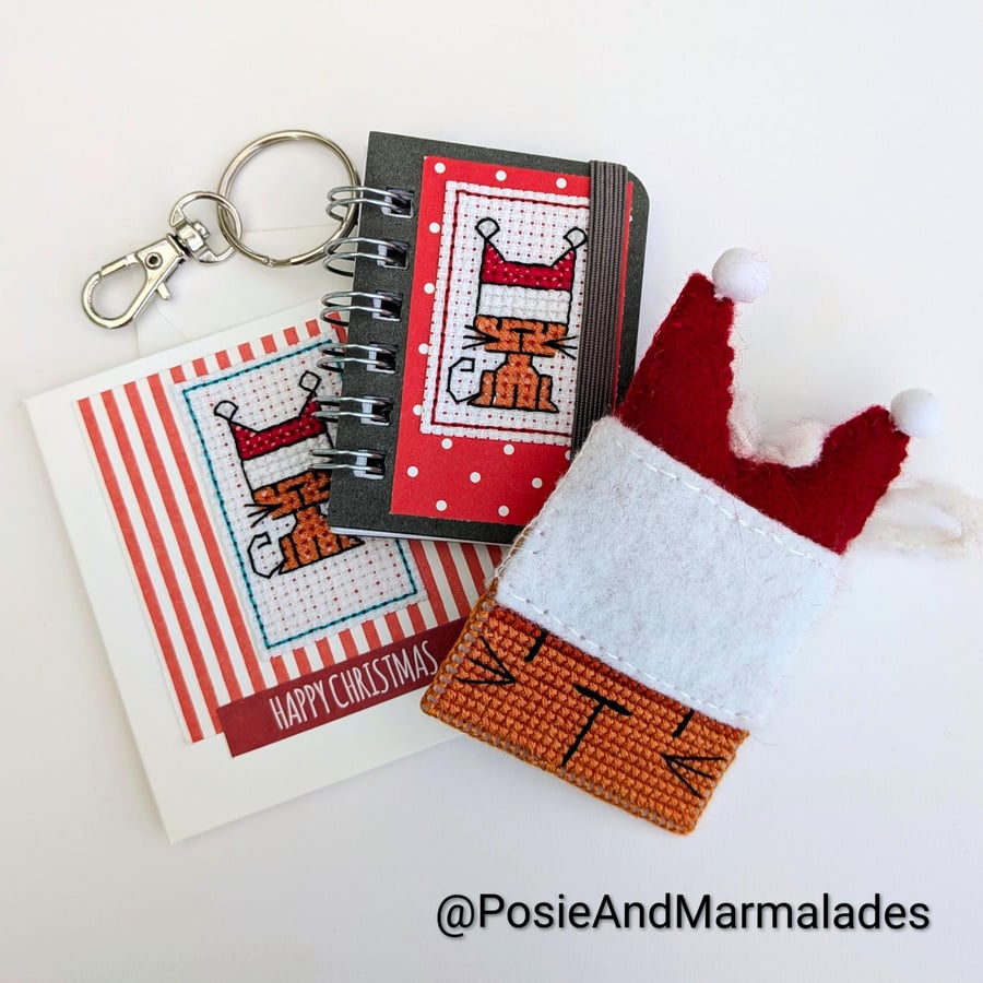 Christmas Cat Gift Set: Keyring, Notebook, Hanging Decoration & Card