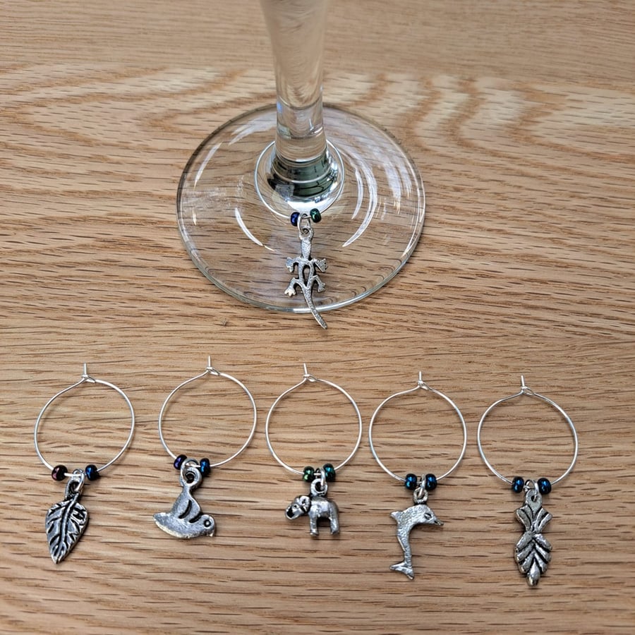Wine Glass Charms – Set of 6 – Blue-Iris Seed Beads with Tibetan Silver Charms