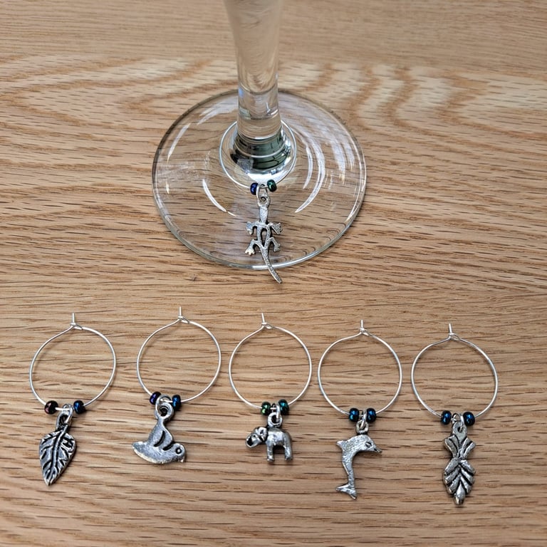 Wine Glass Charms – Set of 6 – Blue-Iris Seed Beads with Tibetan Silver Charms