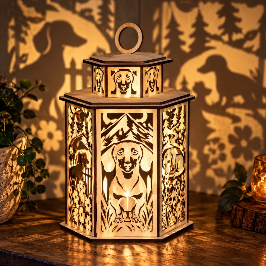 Dachshund Shadow Lantern – Handmade Wooden Dog Light