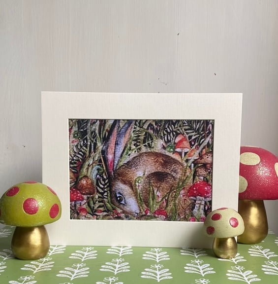 Mounted Woodland Resting Hare Rabbit with Mushrooms Watercolour 