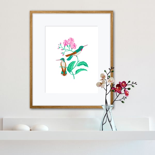 Hummingbirds Illustration Art Print - Plain background