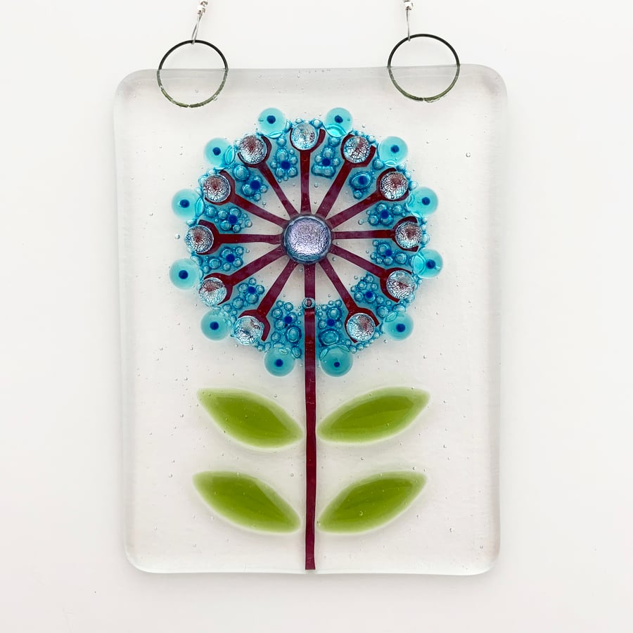 Fused Glass Single Blue Flower Hanging - Handmade Glass Suncatcher
