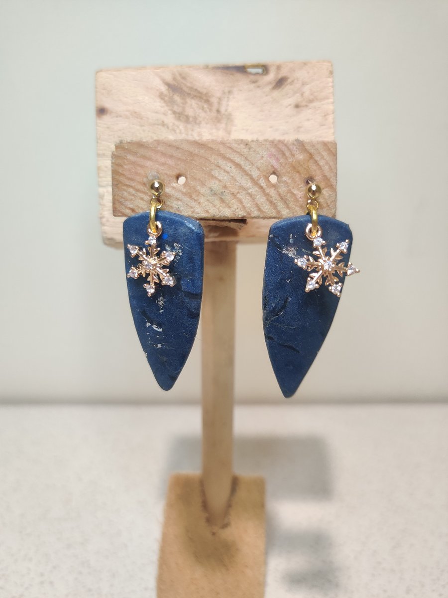 Blue galaxy marble snowflake earrings 