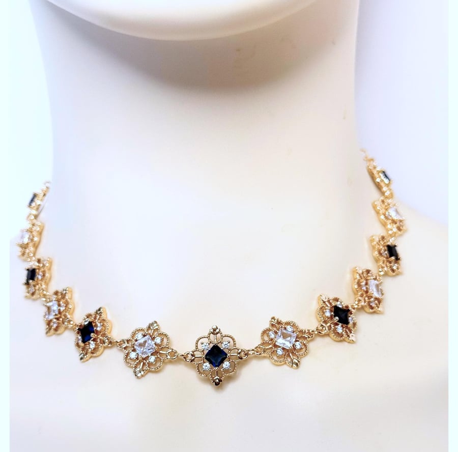 Sapphire Blue Crystal Gold Choker, Regency Fairycore Jewelry