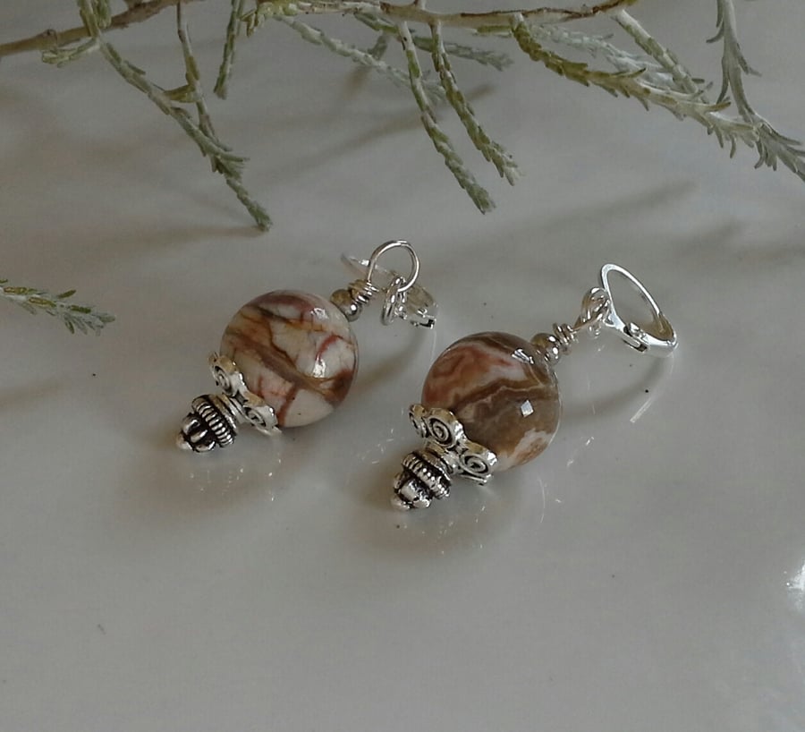 African Jasper Leaver Back Silver Plated Earrings