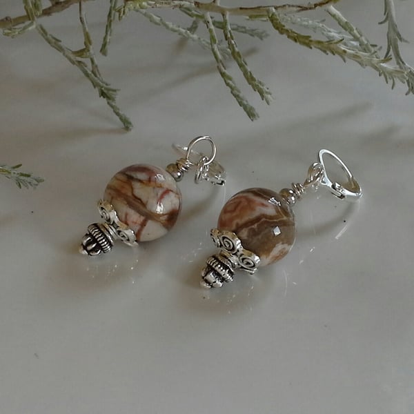 African Jasper Leaver Back Silver Plated Earrings