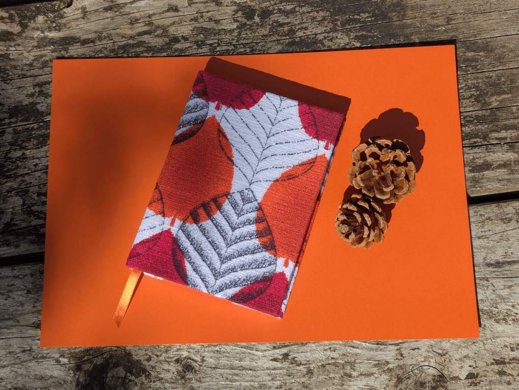 Handmade A6 Journal with 1950's Orange Autumn Leaf Vintage Barkcloth Fabric