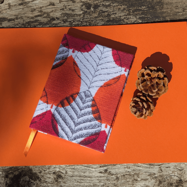 Handmade A6 Journal with 1950's Orange Autumn Leaf Vintage Barkcloth Fabric