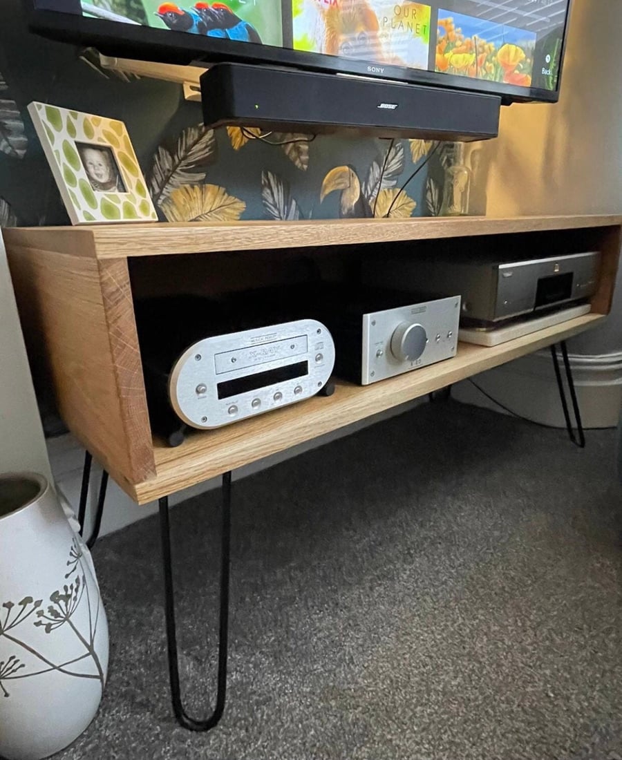 Solid oak TV media stand on hair pin legs