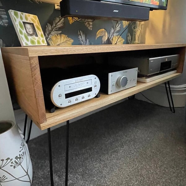 Solid oak TV media stand on hair pin legs