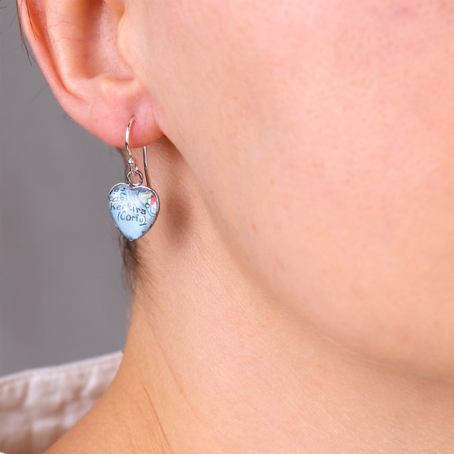 Personalized Custom Map Dangle Earrings in Heart Shape, Bespoke Gifts