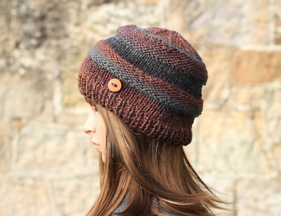 Beanie hat knitted brown grey, women's cap chunky, gift guide for her