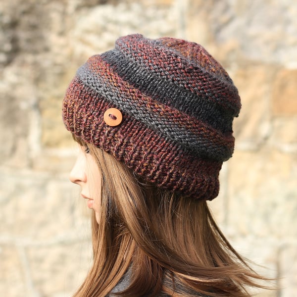 Beanie hat knitted brown grey, women's cap chunky, gift guide for her