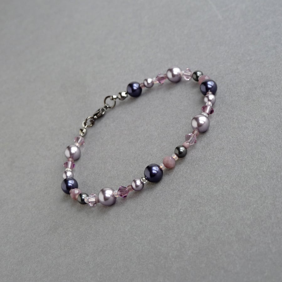 Dusty Purple Beaded Bracelet - Dark Purple and Lilac Pearl Bracelets - Jewellery