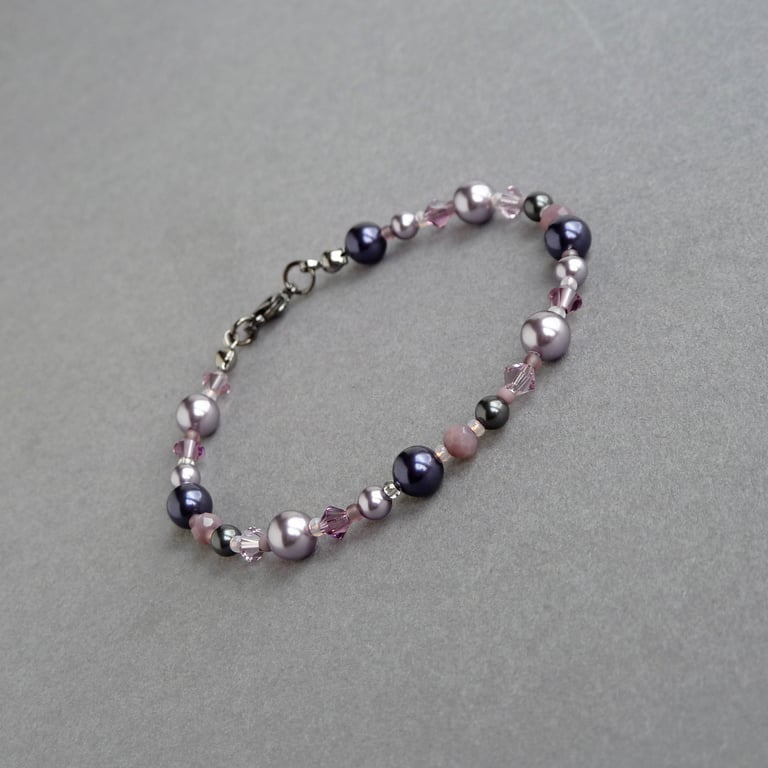 Dusty Purple Beaded Bracelet - Dark Purple and Lilac Pearl Bracelets - Jewellery