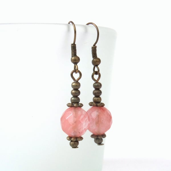 Cherry quartz and bronze earrings, vintage inspired