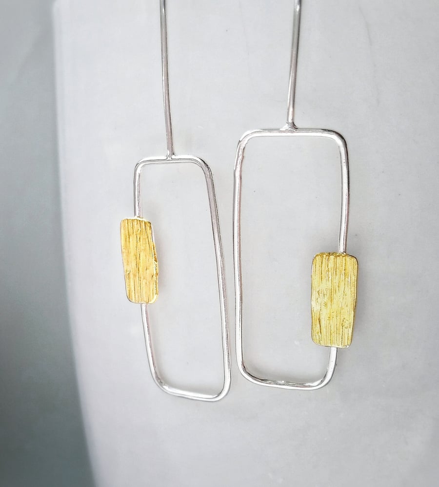Contemporary minimal drop Silver Earrings with gold accent