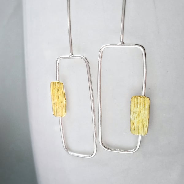 Contemporary minimal drop Silver Earrings with gold accent